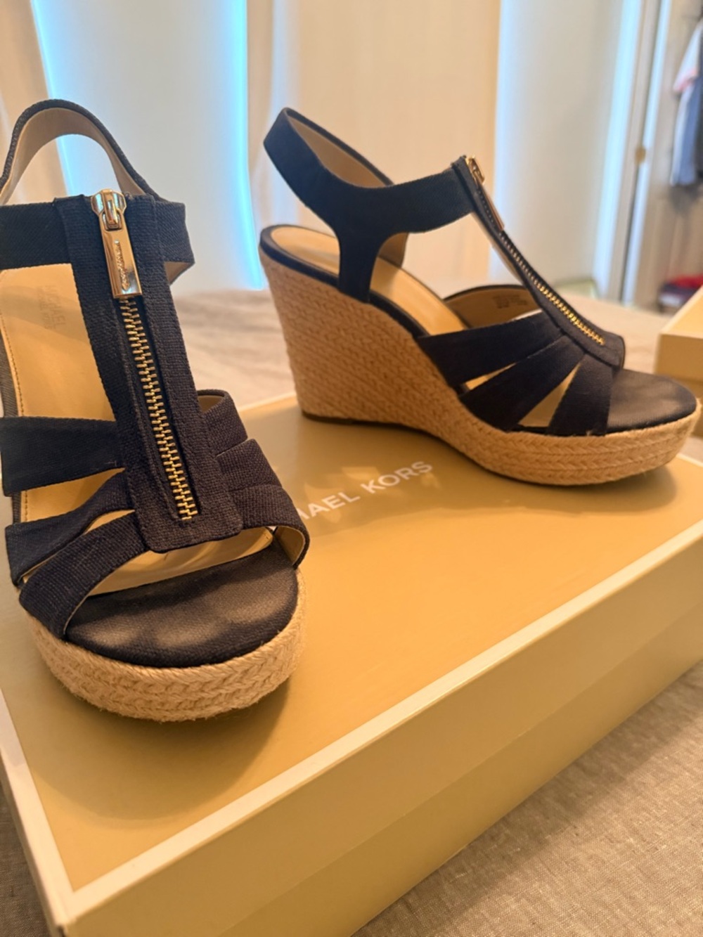 Michael Kors Navy Canvas Espadrille Wedge Sandals with Front Zip
